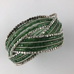 Beautiful Cuff Wrap Bracelet Silver Tone Green Beads 1 1/2" hand made in India